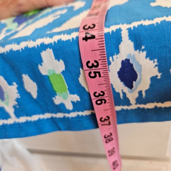 Barbara Erickson Ikat Print Shift Dress Medium Blue Green Tropical Stretch - Picture 6 of 9